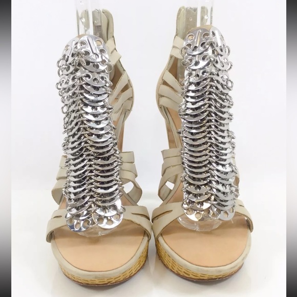 L.A.M.B. Leather Silver Coin Strappy Platform Heels - Picture 2 of 11